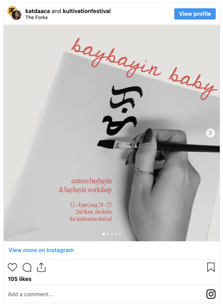 An Instagram post of a hand painting baybayin characters. Text on the image advertises a workshop titled "baybayin baby".